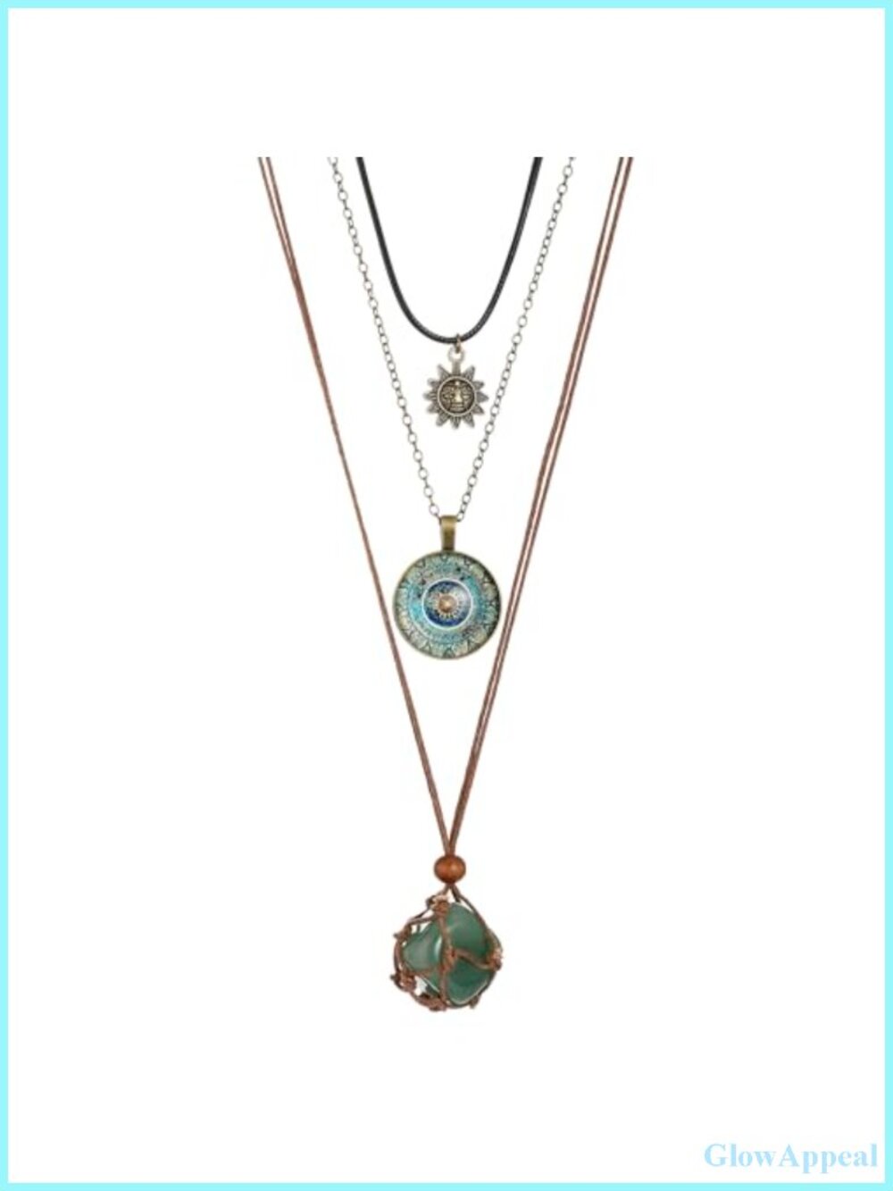 Boho Layered Necklace Women Green Stone Sun Pendant Hippie Stack